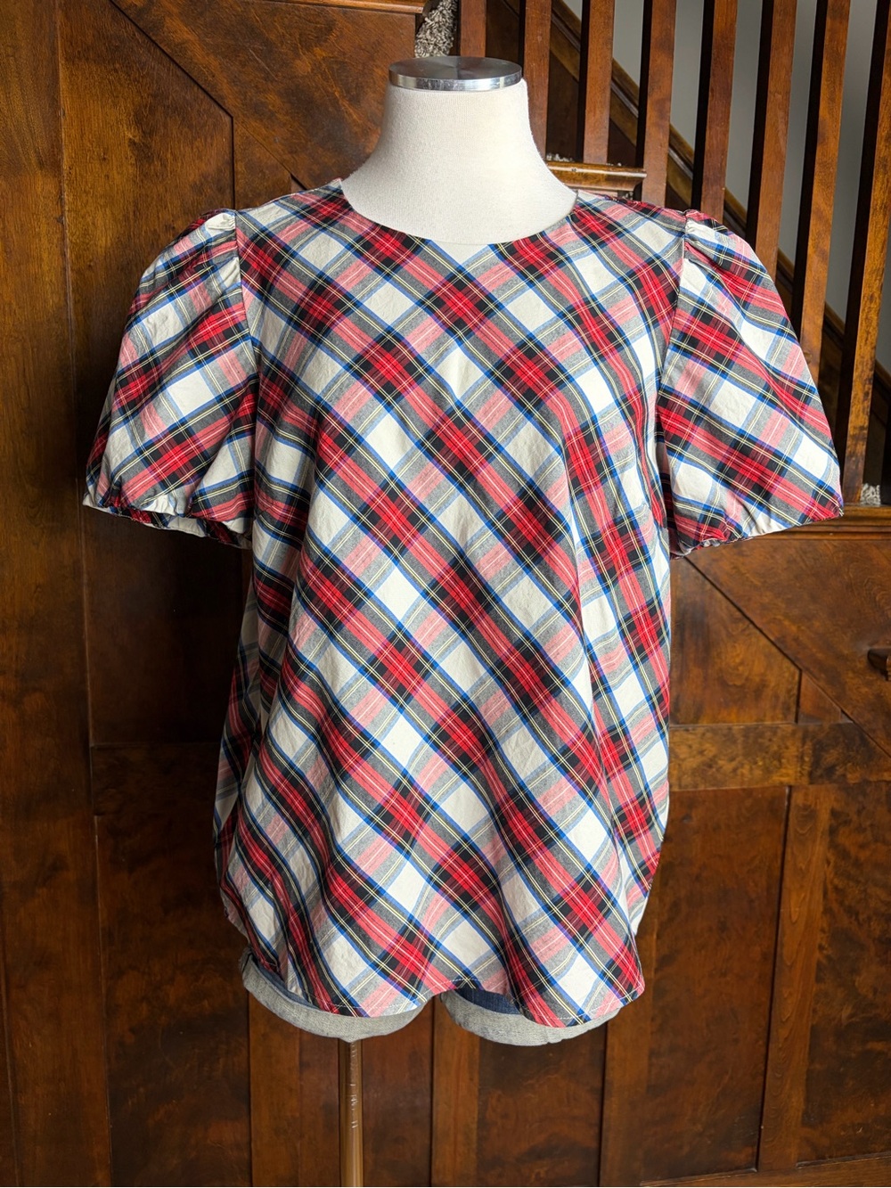 J.Crew Plaid Puff Sleeve Blouse Women’s Large Red Blue Ivory Holiday Cotton Top